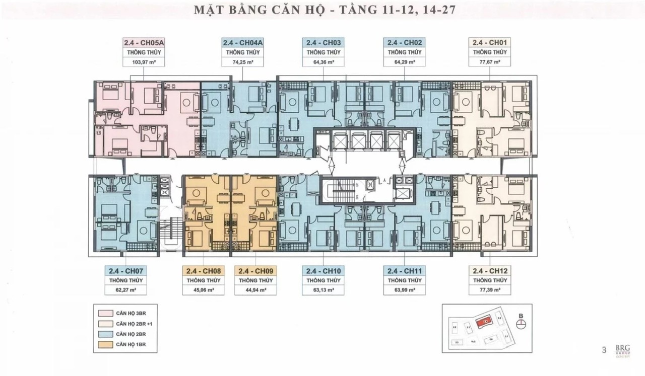 Layout mặt bằng Queens Place tầng 11 đến 27 – căn hộ 2PN, 2PN+1 bố trí hợp lý