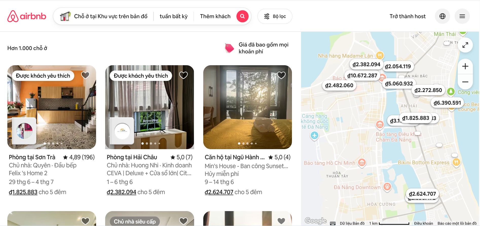 Bảng giá thực tế cho thuê căn hộ Airbnb tại Đà Nẵng năm 2025 theo khu vực Sơn Trà, Hải Châu, Ngũ Hành Sơn