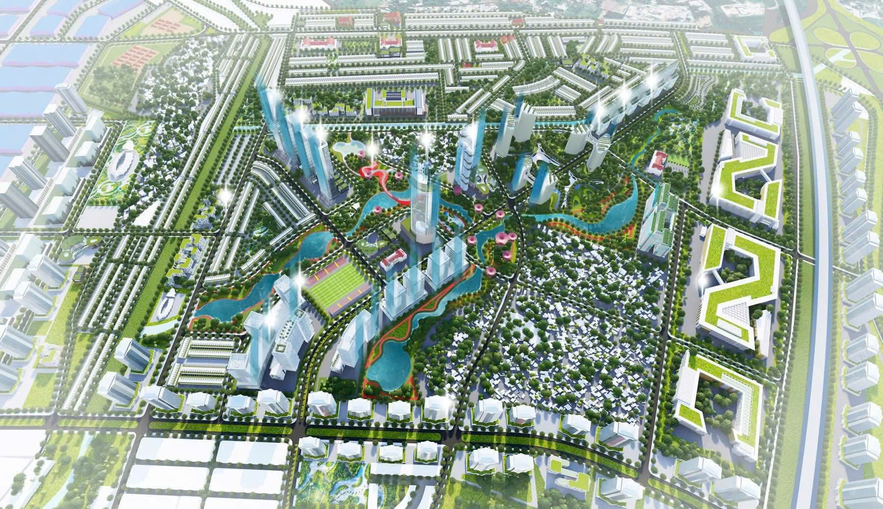 Phối cảnh chi tiết khu công nghệ cao Đà Nẵng, mô tả các tòa nhà và không gian xanh