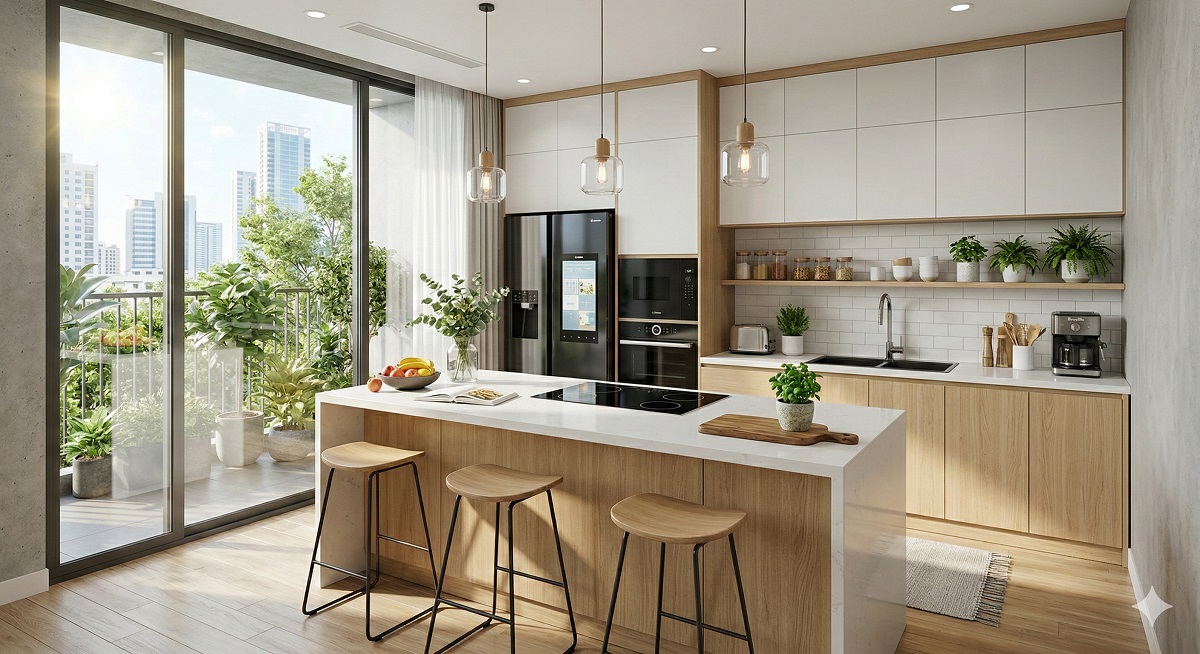 Phối cảnh 3D bếp hiện đại căn hộ thương mại 3 phòng ngủ tiện nghi tại dự án Ecohome Hòa Hiệp