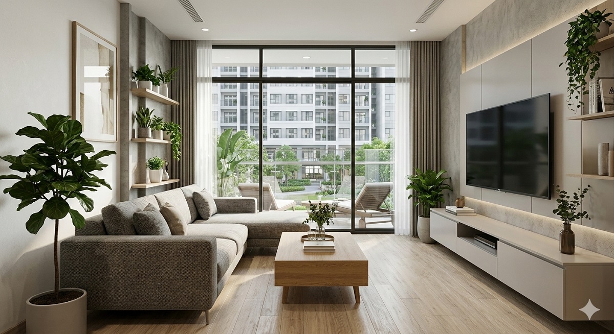 Phối cảnh 3D phòng khách căn hộ thương mại 2 phòng ngủ cao cấp thuộc dự án Ecohome Hòa Hiệp