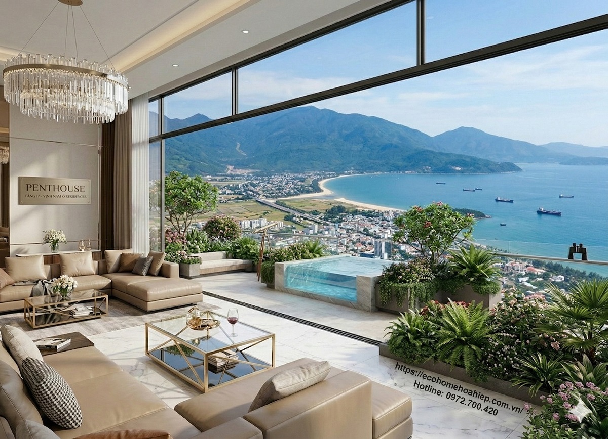 Phối cảnh 3D phòng khách Penthouse sang trọng với ban công rộng, tầm nhìn biển Đà Nẵng và núi Hải Vân hùng vĩ