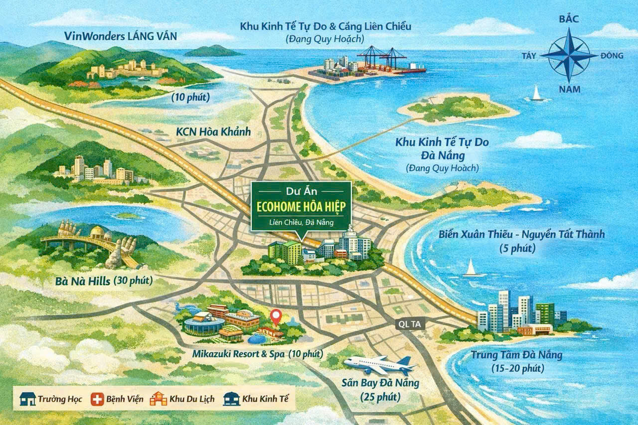 Sơ đồ bản đồ liên kết vùng và hệ thống tiện ích ngoại khu đẳng cấp bao quanh dự án chung cư Ecohome Hòa Hiệp