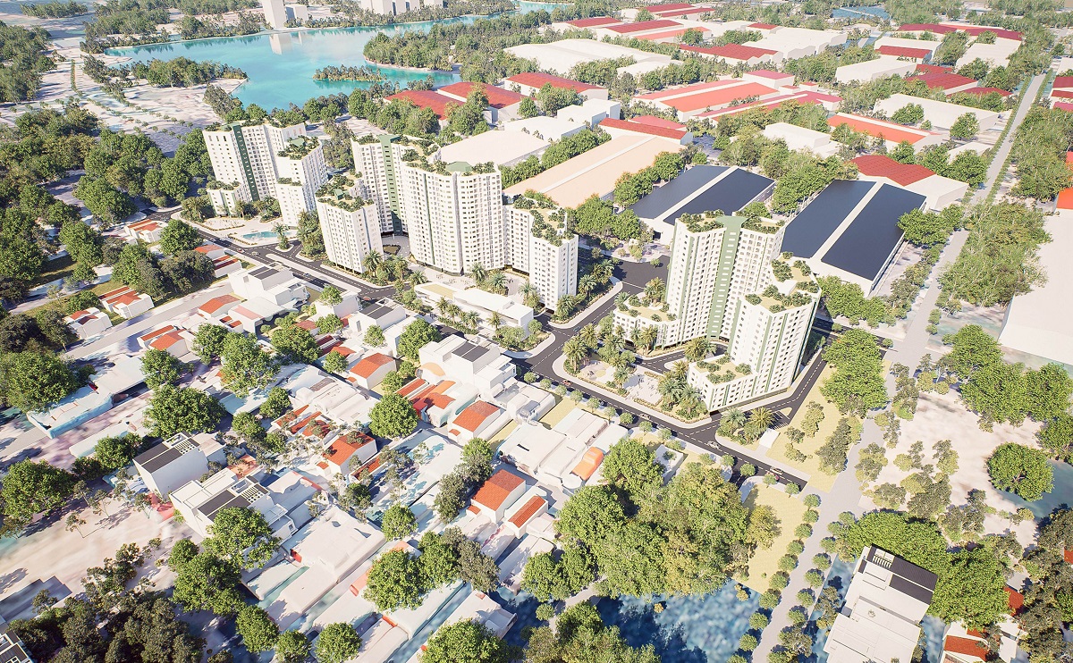 Phối cảnh 3D toàn cảnh dự án chung cư Ecohome Hòa Hiệp gồm căn hộ thương mại Ecolife Signature, nhà ở xã hội và tiện ích nội khu