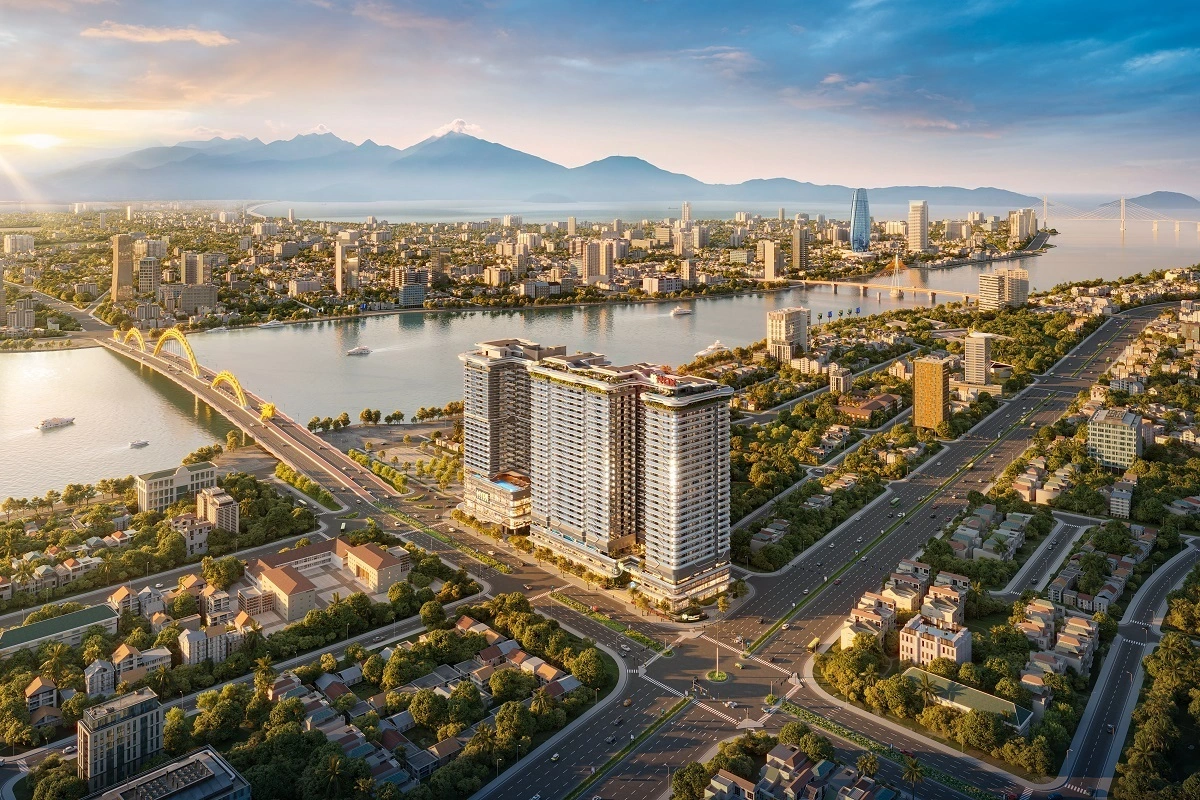 Hình ảnh phối cảnh tổng thể dự án The Legend City Đà Nẵng tại khu vực A20 Võ Văn Kiệt, quận Sơn Trà. Từ góc nhìn trên cao có thể thấy dự án nằm gần cầu Rồng, sông Hàn và khu trung tâm thành phố, nổi bật với vị trí kết nối thuận tiện giữa trung tâm Đà Nẵng và tuyến đường ra biển.